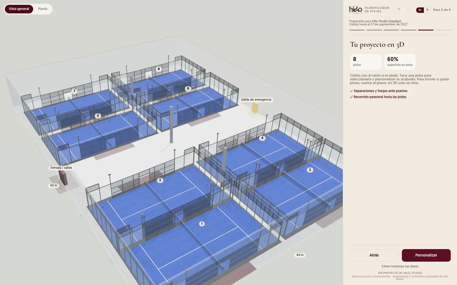 Planificador: la misma distribución de ocho pistas vista en 3D