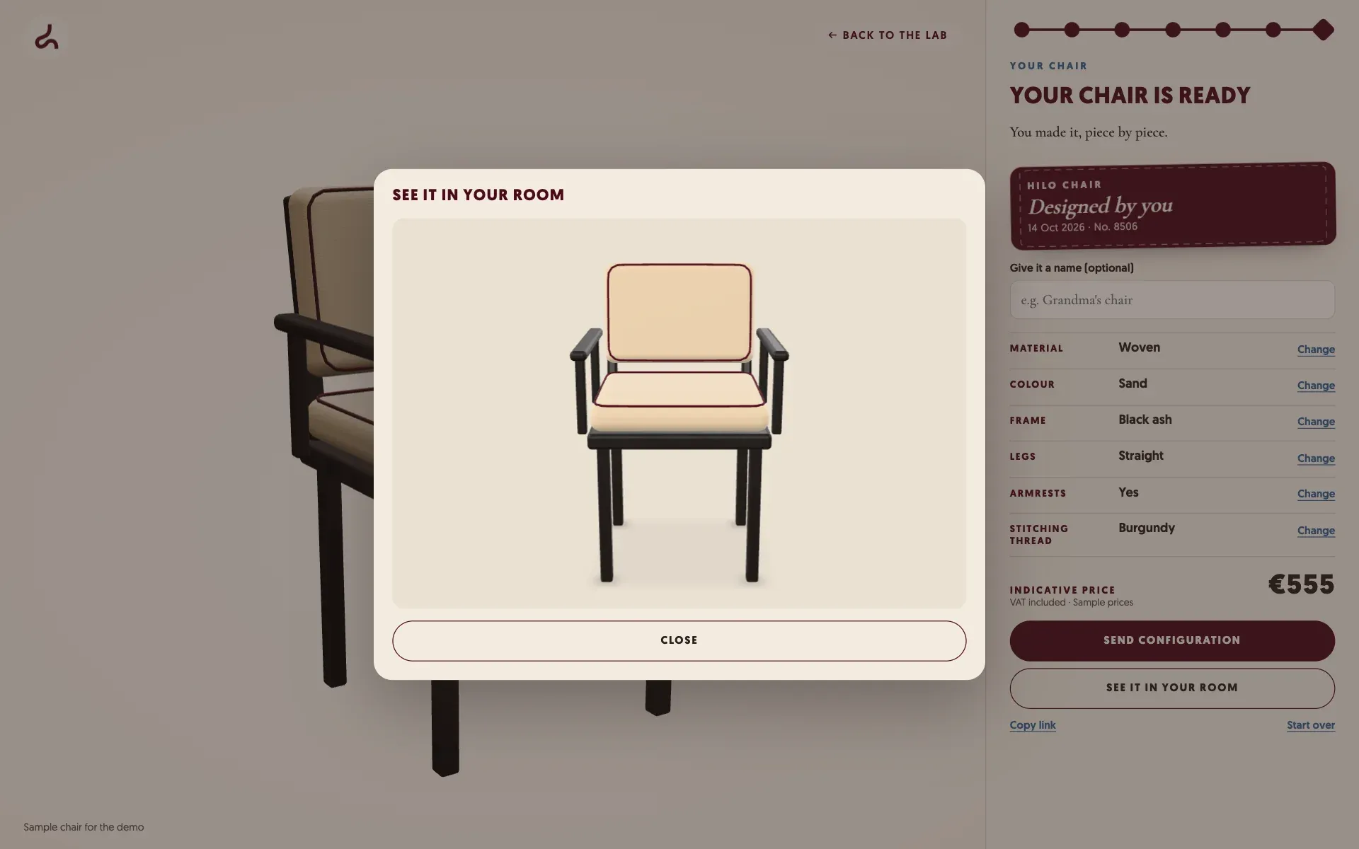 The Hilo chair 3D configurator with the augmented reality view ready