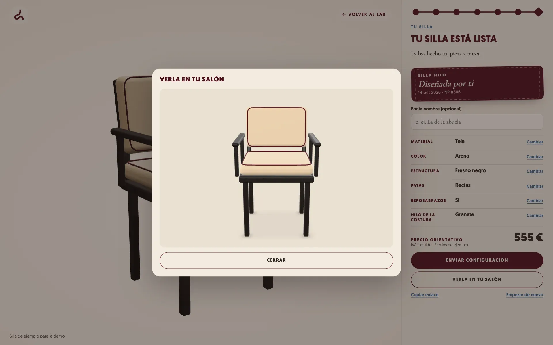 Configurador 3D de la silla Hilo con la vista de realidad aumentada preparada