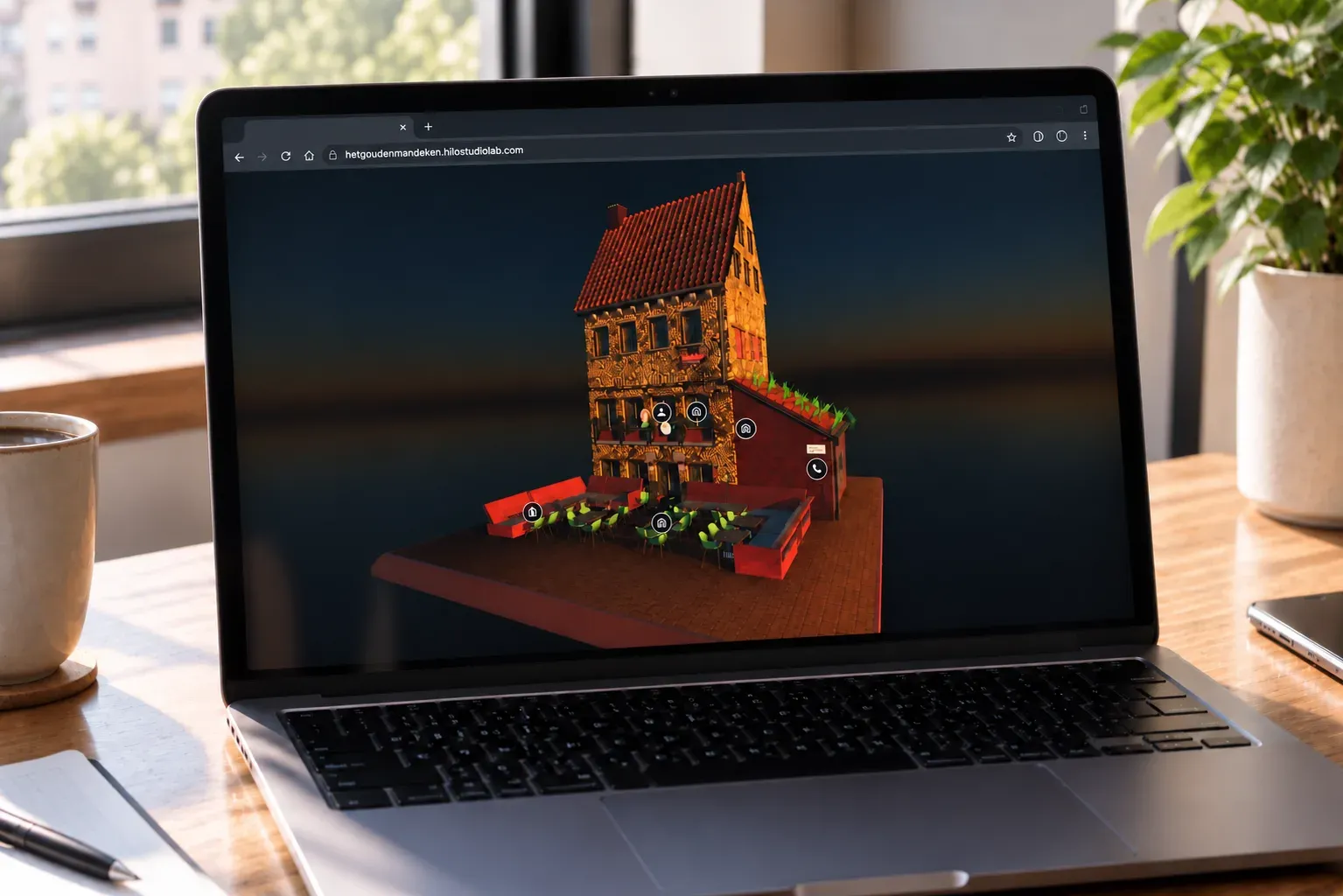 3D website for t' Gouden Mandeken, a bar in Ghent, on laptop and phone
