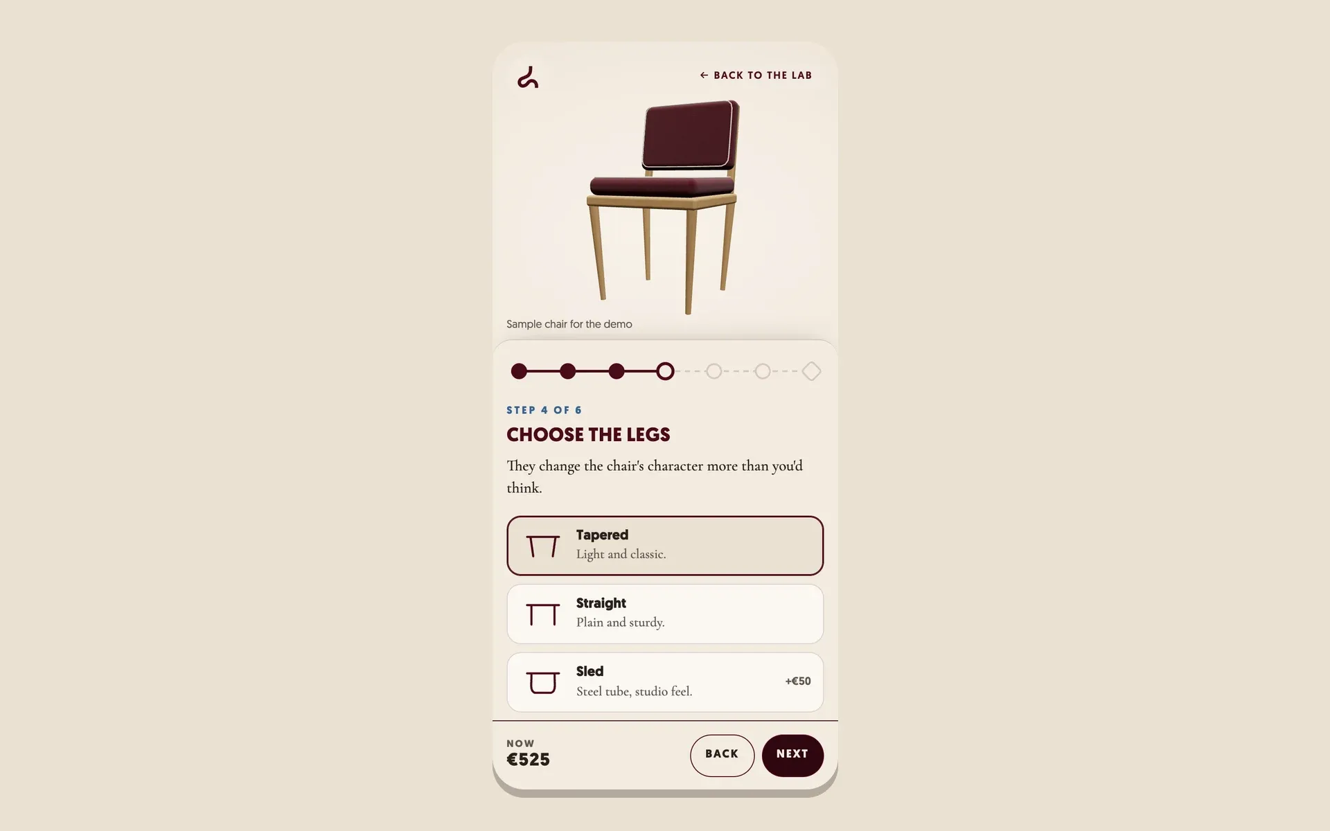The configurator on a phone: the chair on top, the legs step below and the price and buttons at the bottom