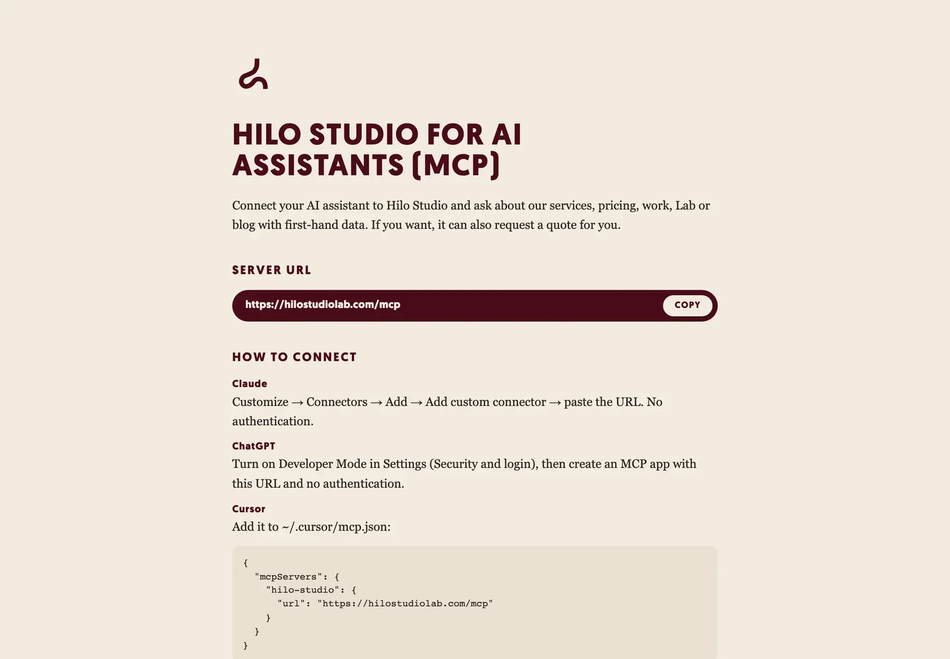 The hilostudiolab.com/mcp page with the server address and how to connect it