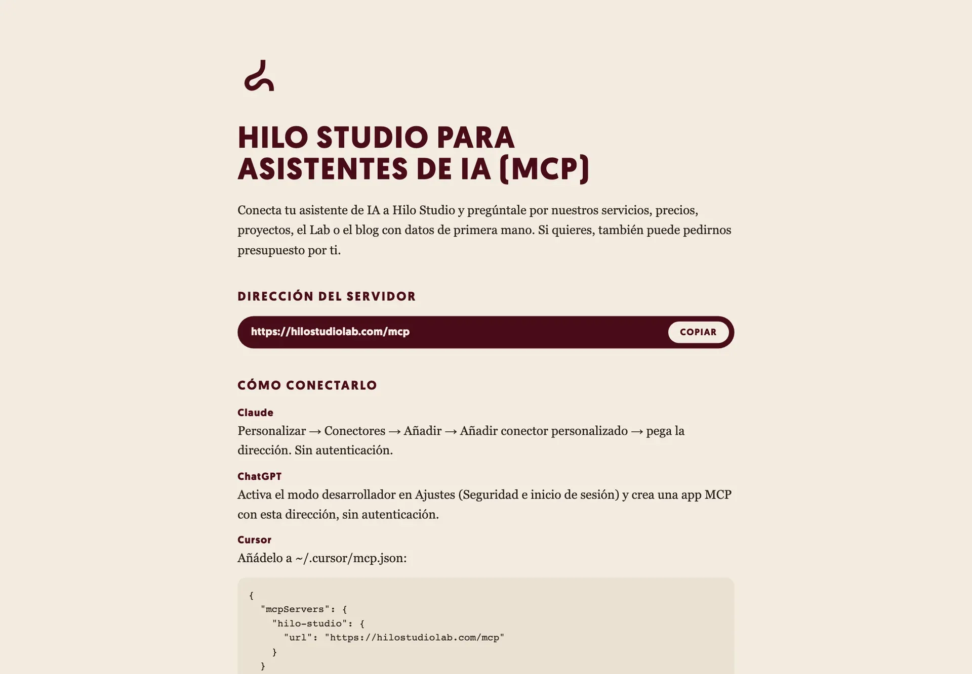 La página de hilostudiolab.com/mcp con la dirección del servidor y cómo conectarlo